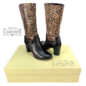 L’Artiste by Spring Step Women 36‎ Boho Floral Carved Leather Tall Boots Black